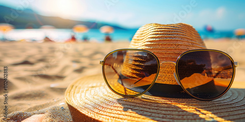 A straw hat with sunglasses on it is sitting on a beach