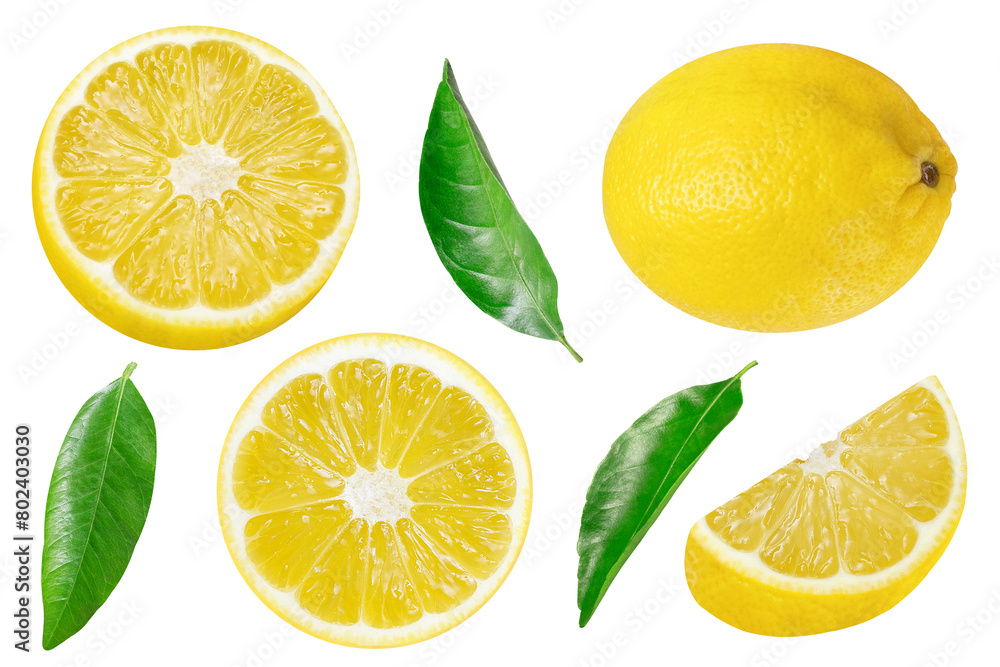 Collection of lemons and leaves on an isolated white background.