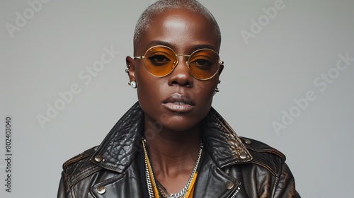 Fashionable mannequin head with orange sunglasses on vibrant, colorful background photo