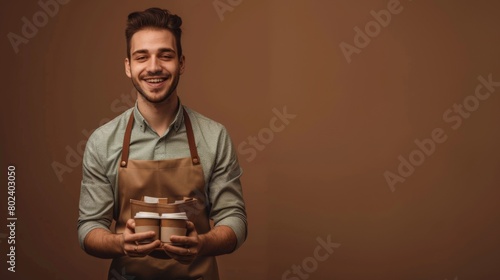 Smiling Barista Holding Coffee Cups