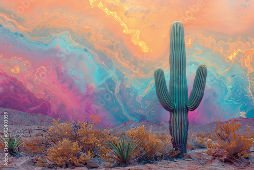 Peyote cactus in a desert landscape, surrounded by hallucinogenic color waves, photo