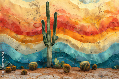 Peyote cactus in a desert landscape, surrounded by hallucinogenic color waves, photo