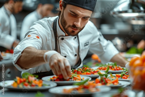 Chef meticulously garnishing dishes in a busy professional kitchen