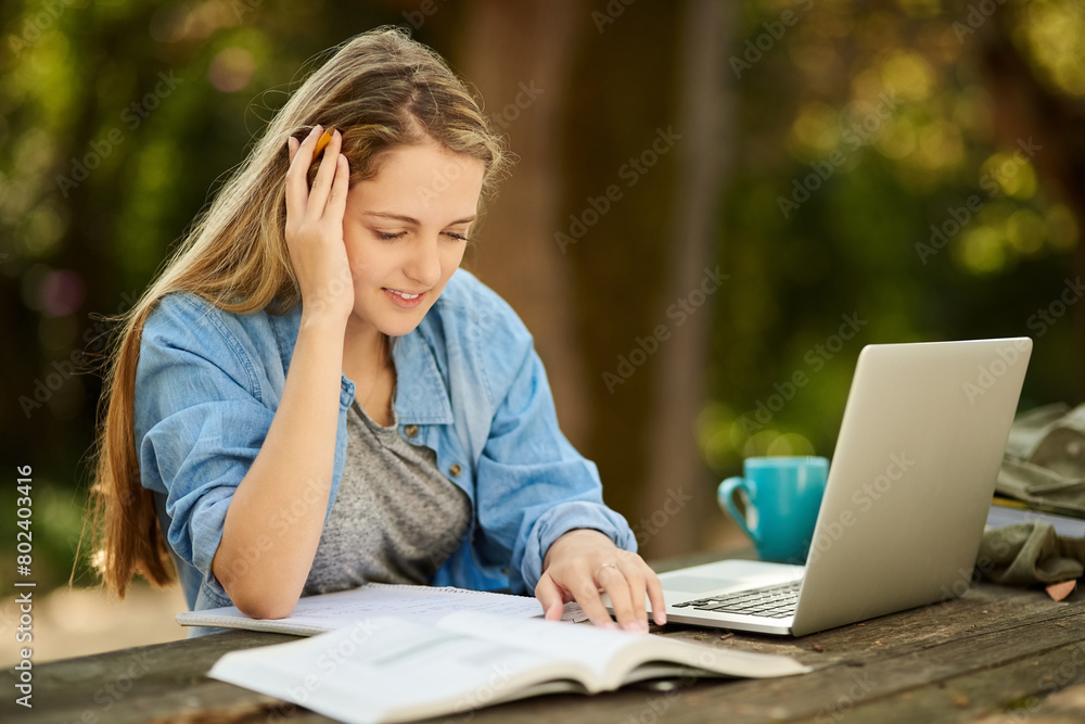 Female student, laptop and books in thinking, ideas and study with coffee, backpack and outdoor for elearning. Woman, tech and notes in education, development and university in college or school Female student, laptop and books in thinking, ideas and study with coffee, backpack and outdoor for elearning. Woman, tech and notes in education, development and university in college or school