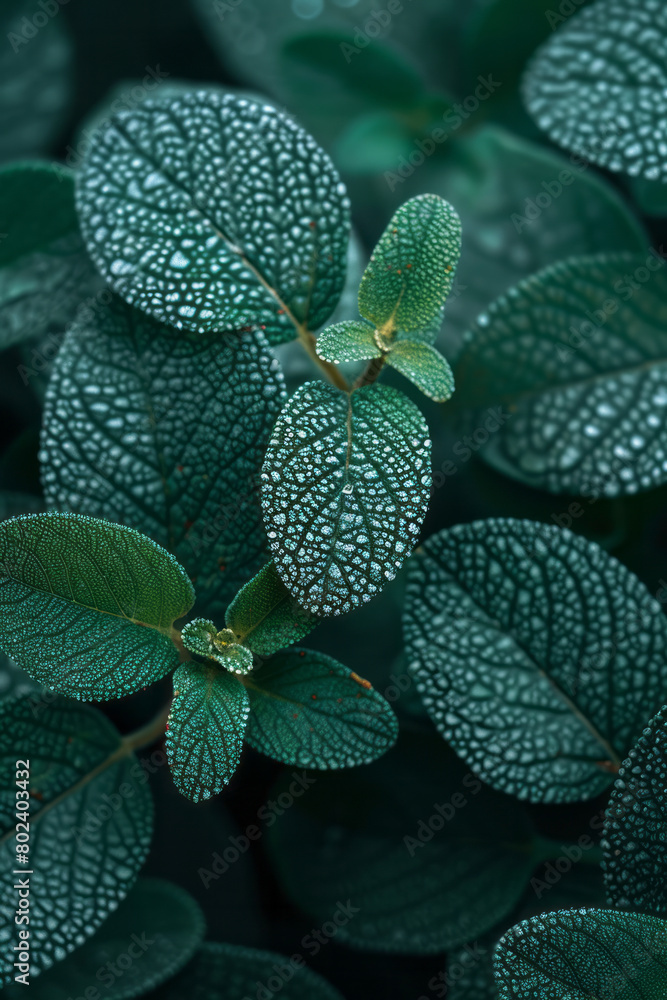 Close-up of sage leaves with mystical symbols embossed on their surfaces, shrouded in mist, Close-up of sage leaves with mystical symbols embossed on their surfaces, shrouded in mist,