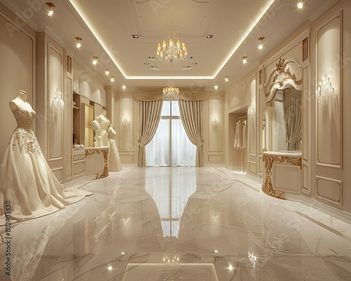 Luxurious bridal boutique showcasing elegant wedding dresses in a beautifully decorated spacious interior.