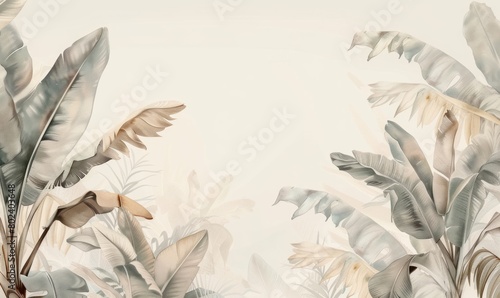 Illustration of tropical palm leaves, exotic flowers with hummingbird. Artwork for wallpaper botanical design. Wildlife and nature. Vintage paper texture.