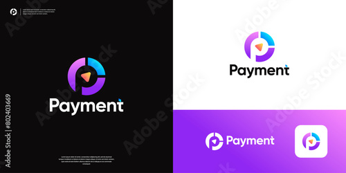 Circle letter P arrow symbol payment logo design.
