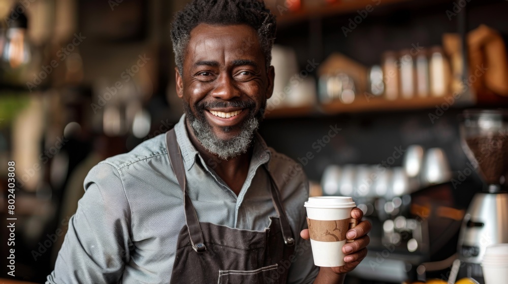 Cheerful Barista Offering Coffee Cup