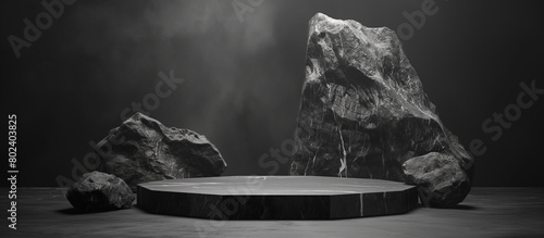 ฺฺBlack stone podium on dark rock background product display platform abstract 3d illustration.  © theevening