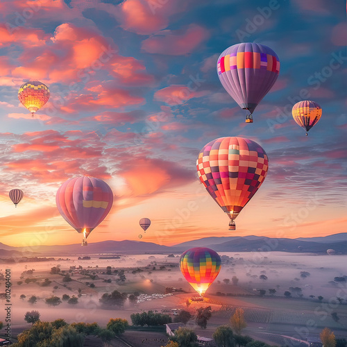 Vibrant hot air balloons soar above a misty landscape at sunrise, creating a picturesque scene.