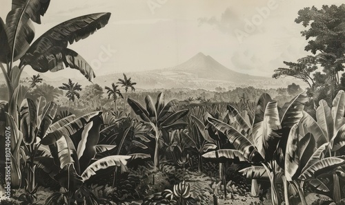 an engraving of an African plantation with tall banana trees wallpaper photo