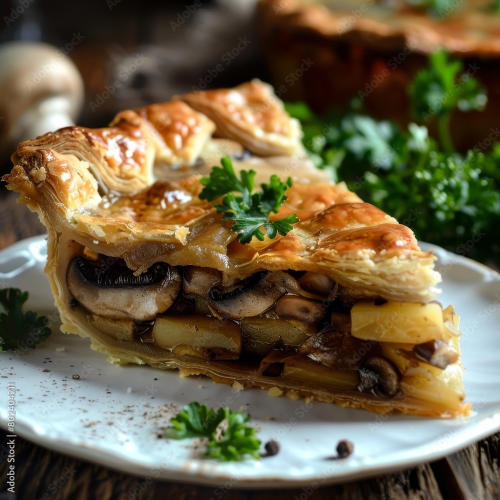 Mushroom Pie Closeup, Cake Stuffed with Mushrooms and Potatoes, Slice of Champignon Pie Mushroom Pie Closeup, Cake Stuffed with Mushrooms and Potatoes, Slice of Champignon Pie