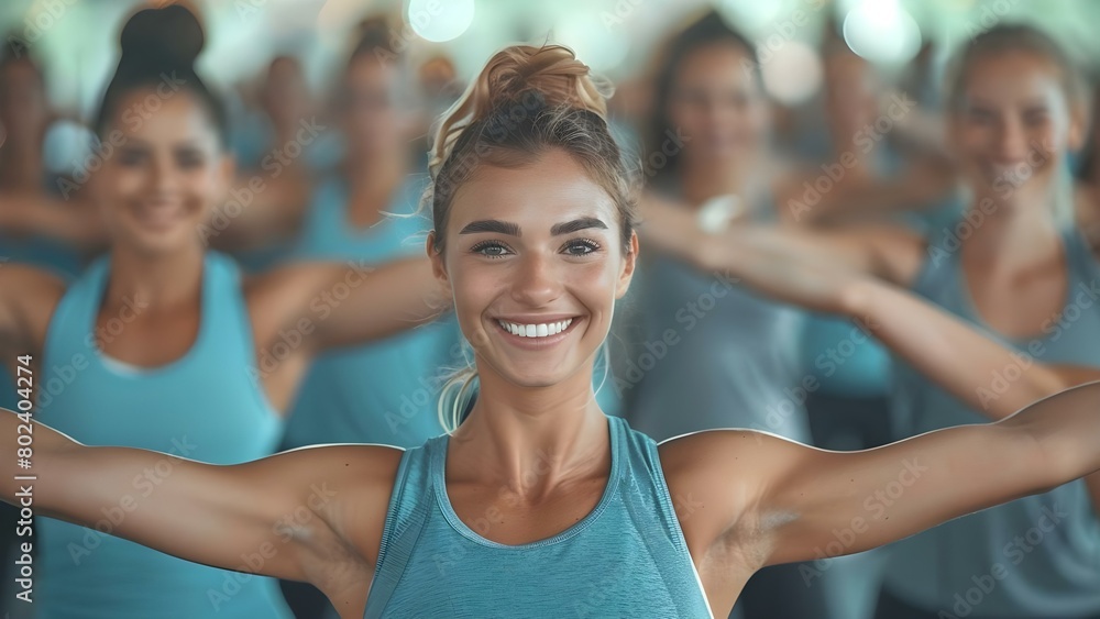 People in a fitness class stretching arms and smiling together. Concept Fitness, Stretching, Exercise, Group Activity, Smiling