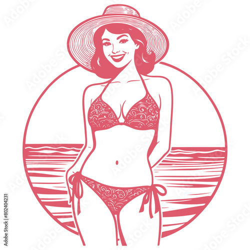 Smiling woman in swimsuit and beach hat, vector illustration
