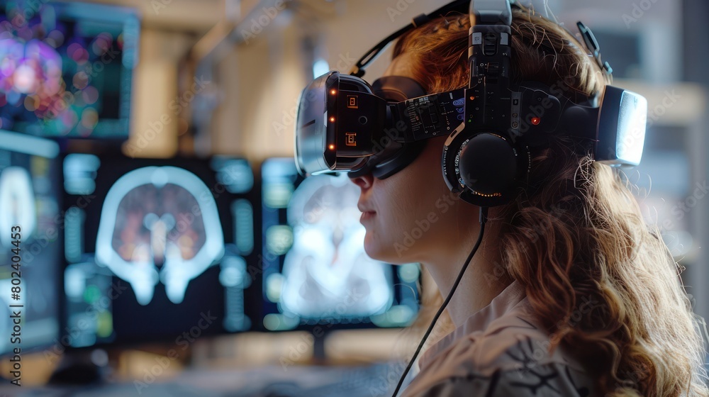 Close-up of a cognitive rehabilitation session using a neural interface, patient interacting with virtual stimuli Close-up of a cognitive rehabilitation session using a neural interface, patient interacting with virtual stimuli