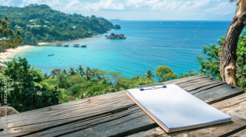 Serenity: Notebook Resting on Wooden Table by Ocean Shore