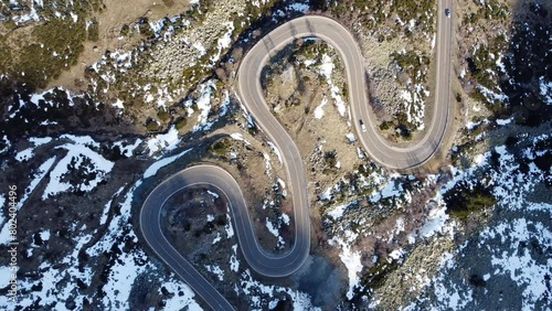Video of an aerial view of the winding mountain road.
