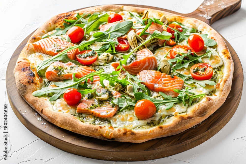 Salmon Pizza with Salmon, Seafood Flatbread with Pickled Artichokes, Arugula, Cherry Tomatoes