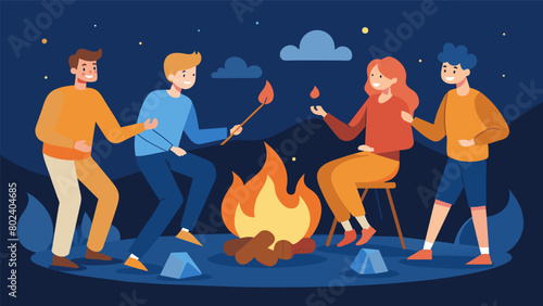 Giggles and laughter can be heard as the group competes to see who can create the perfect goldenbrown marshmallow.. Vector illustration