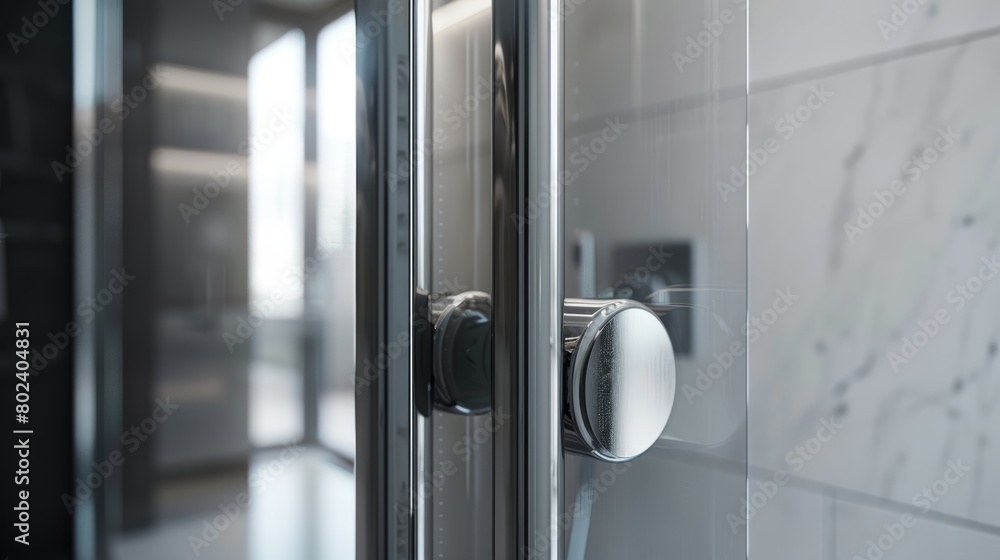 Close-up of a luxurious glass door shower with sleek metal handles and minimalistic design, emphasizing modern cleanliness and sophistication Close-up of a luxurious glass door shower with sleek metal handles and minimalistic design, emphasizing modern cleanliness and sophistication