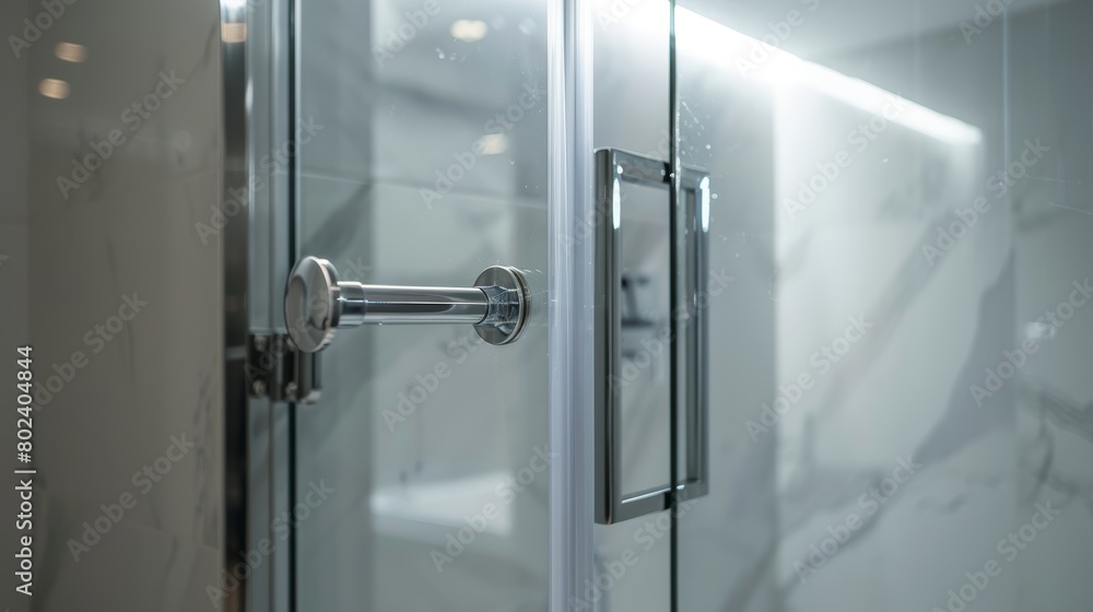 Close-up of a luxurious glass door shower with sleek metal handles and minimalistic design, emphasizing modern cleanliness and sophistication Close-up of a luxurious glass door shower with sleek metal handles and minimalistic design, emphasizing modern cleanliness and sophistication