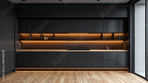 a modern kitchen adorned with sleek black cabinets, a light wood floor, and minimalist white walls, enhanced by wall lighting strips illuminating open shelving and a dark gray backdrop.