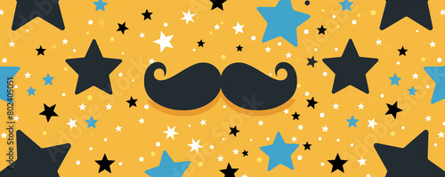 Happy Father's Day banner background or greeting card illustration. Black blue and yellow hipster mustache, stars and polkadots. Whimsical retro men's Movember backdrop or birthday party invitation photo