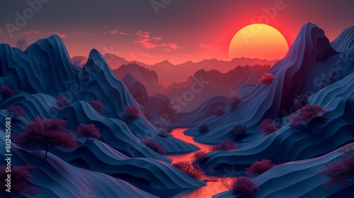 Sun Setting Over Mountain Range. Generative AI