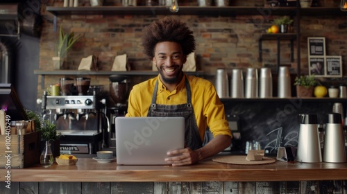 The Cheerful Barista with Laptop