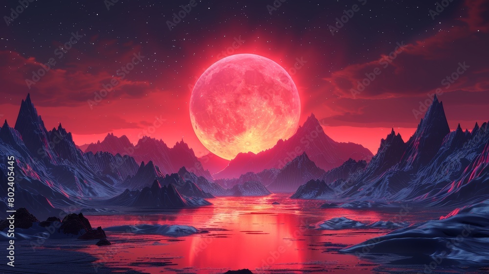 Red Moon Over Body of Water. Generative AI