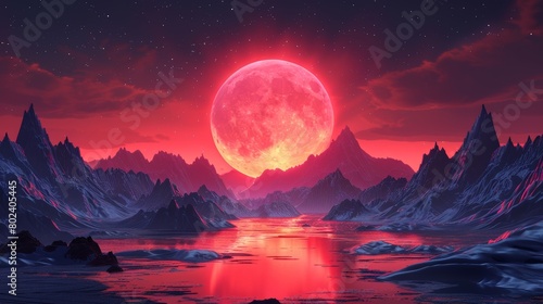 Red Moon Over Body of Water. Generative AI