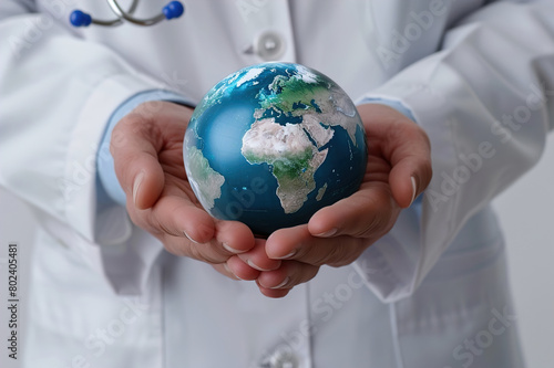 Doctor  hands and technology for 3d globe networking  healthcare community or digital help.