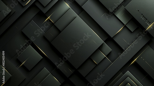 Black background with gold lines, geometric shapes, highend texture, dark symmetrical layout, 3D rendering effect, modern style, abstract design elements,