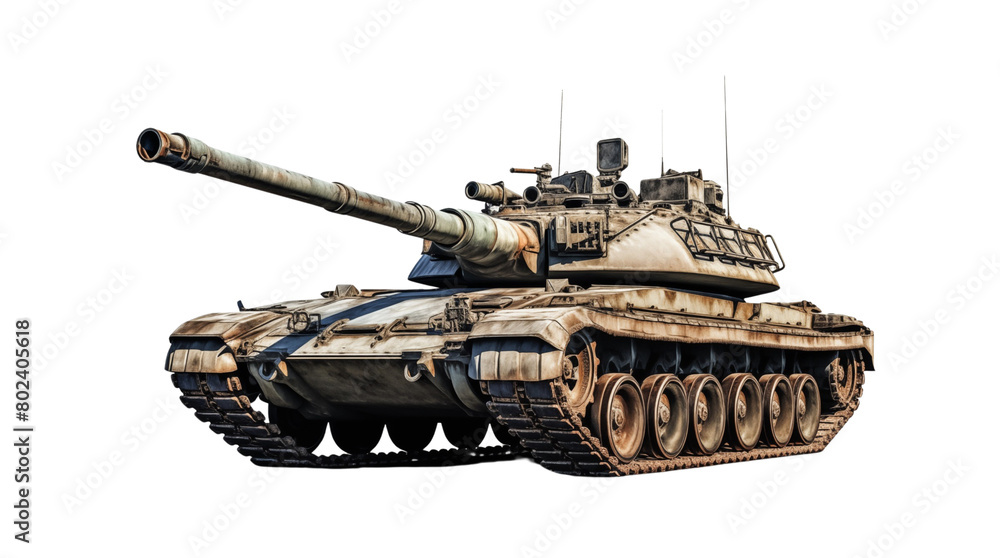 A detailed image of a battle tank with a long barrel and camouflage paint, isolated on a transparent background. Generative AI