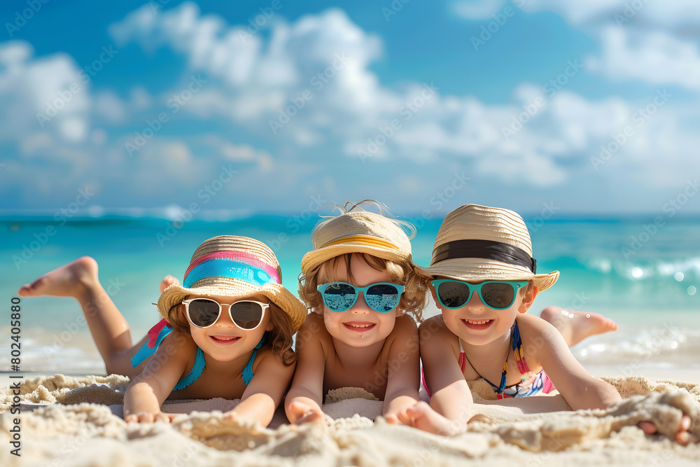 Children lying on the sand on the beach. Summer concept. Holiday concept. Friendship concept. Children lying on the sand on the beach. Summer concept. Holiday concept. Friendship concept.