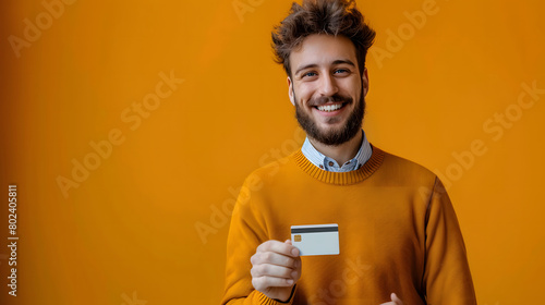 Young Caucasian man holds a credit card. Shopping concept. Sale concept.