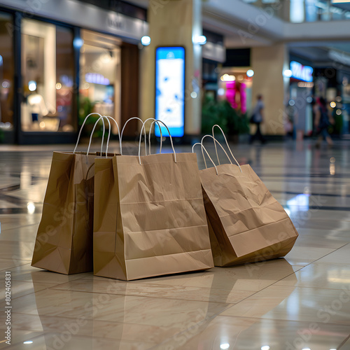 Cardboard bags on the floor of a shopping center. Sale concept. Shopping concept.