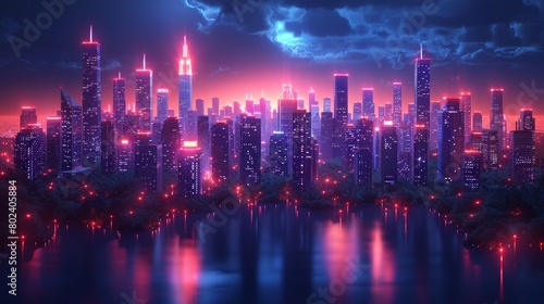 Cityscape With Tall Buildings Illuminated at Night. Generative AI