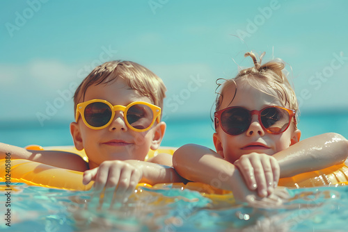 Children in yellow floats swimming in the sea. Summer concept. Holiday concept.