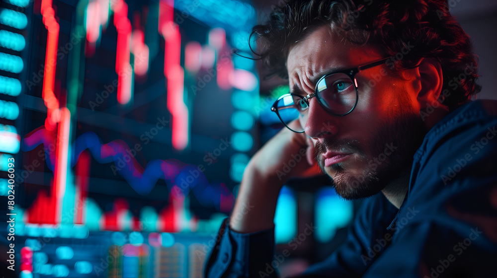Fototapeta premium A man staring at a computer screen displaying stock prices
