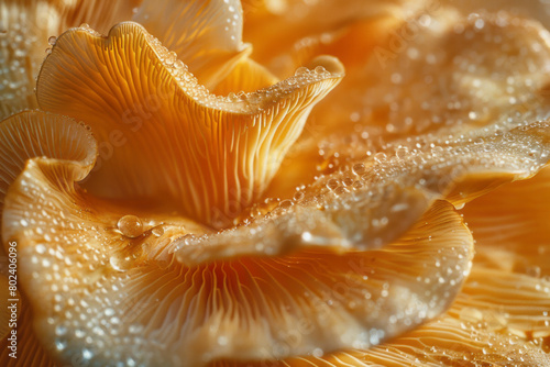 Close-up of a psychedelic mushroom gills, appearing as a network of golden threads,