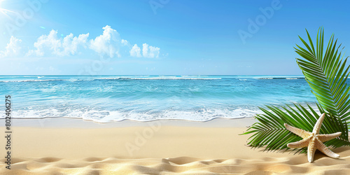 A beach scene with a palm tree and a starfish on the sand