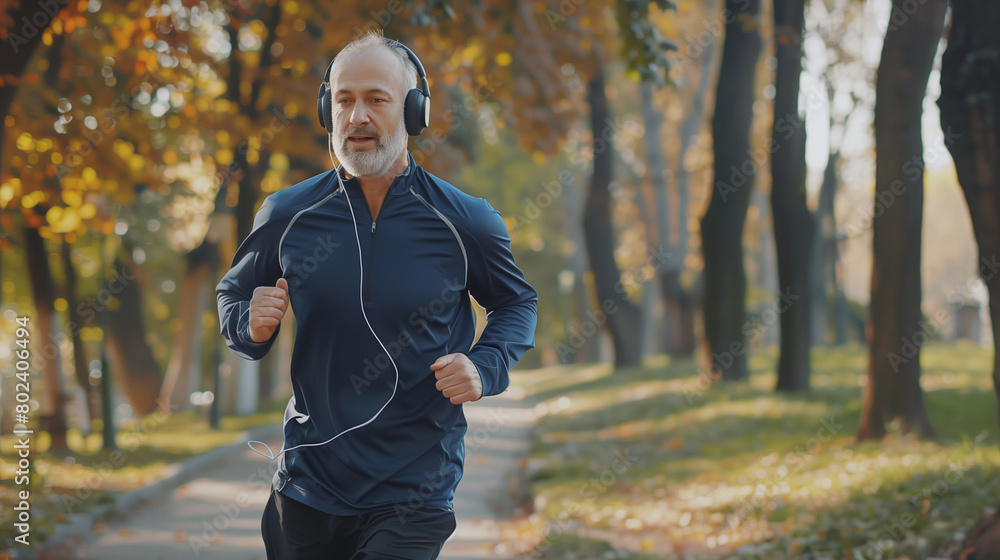 Obraz premium Energetic elderly man wearing headphones jogging on a sunny trail surrounded by autumn foliage