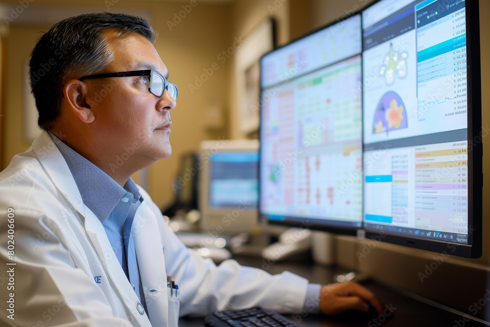 A man in a white lab coat is looking at a computer monitor