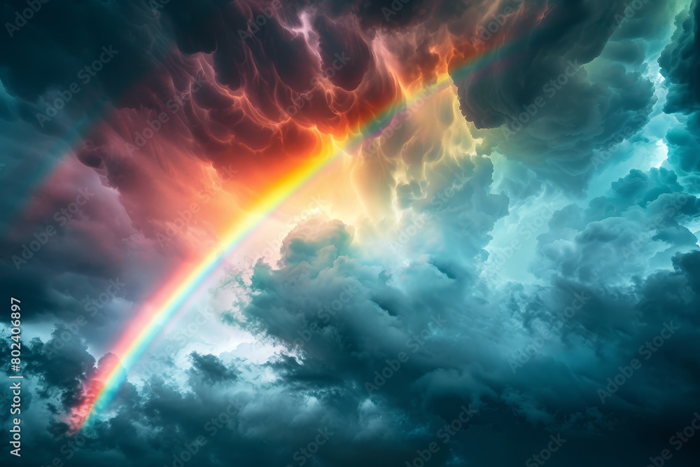 A rainbow is seen in the sky above a stormy, cloudy sky