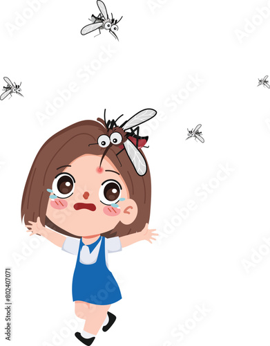 Children running away running from a dengue mosquito. Healthcare and medical concept.