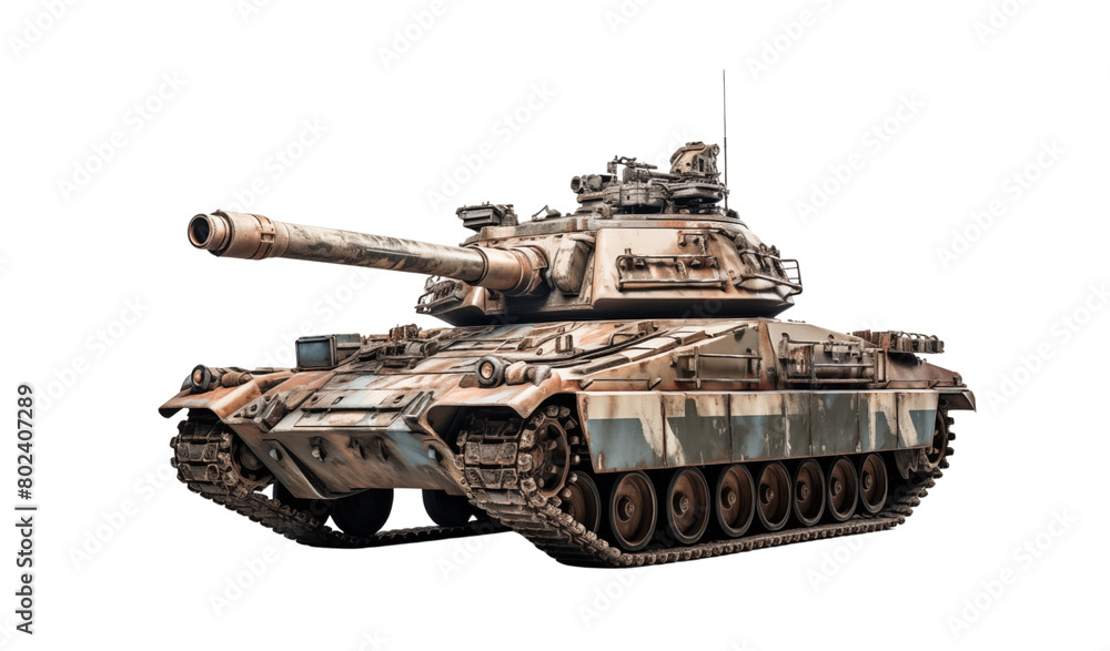 A detailed image of a battle tank with a long barrel and camouflage paint, isolated on a transparent background. Generative AI