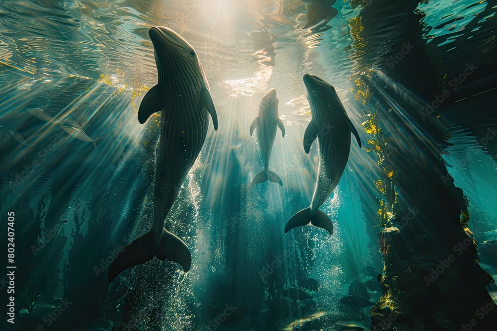Fototapeta premium Graceful Pod: Dolphins Dancing in Aquarium Waters
