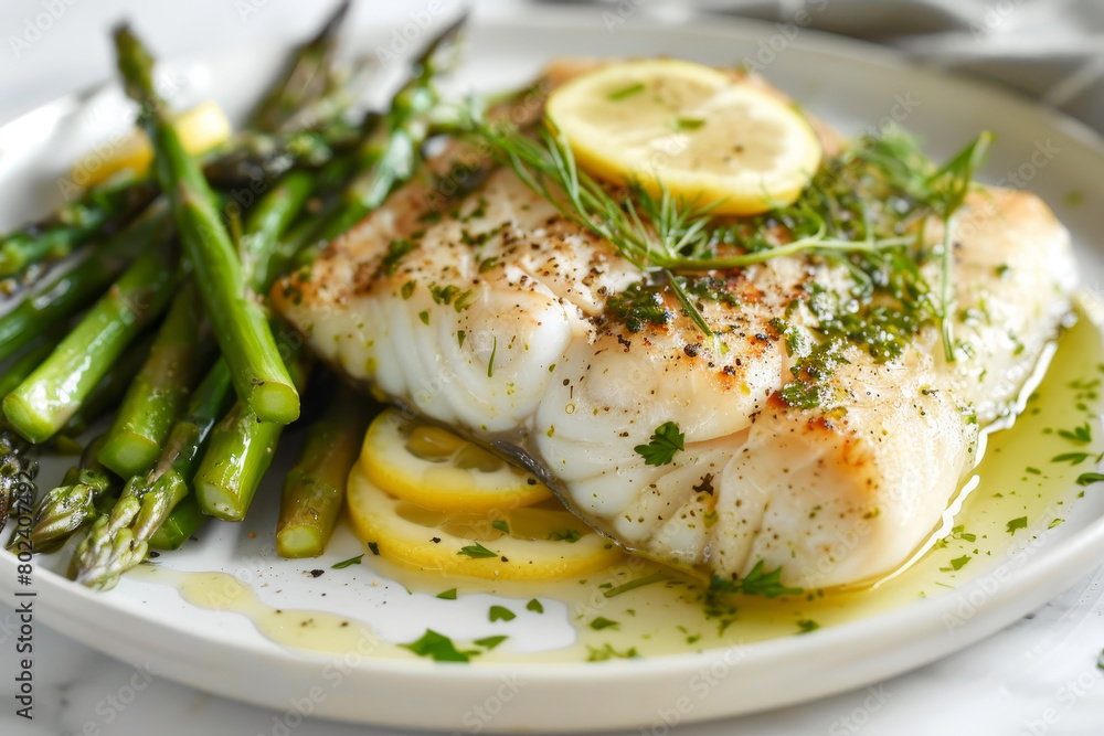 A white plate with a fish fillet, lemon slices, and asparagus A white plate with a fish fillet, lemon slices, and asparagus